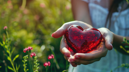 Valentine's day concept. a womans hand holds a heart on nature background. Heart health care medical cardiovascular disease concept and organ donor donation for lifeの素材