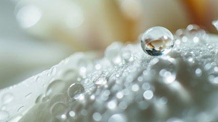 Macro delicate surface of wet white flower petal with raindrops glowing on bright sunlightの素材