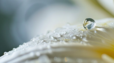 Macro delicate surface of wet white flower petal with raindrops glowing on bright sunlight, selective focusの素材