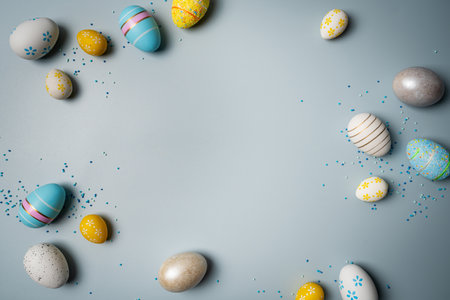 Happy Easter composition for easter design. Elegant Easter eggs on pastel blue background. Flat lay, top view, copy space.の写真素材