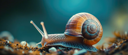 Close up Snail Muller gliding on nature background. Large white mollusk snails with brown striped shell, crawling on vegetables. Helix pomatia, Land, Burgundy, Roman, escargot.の素材