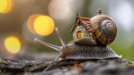 The snail with a house on a shell on its back on green nature background. Easy housing metaphor. Real estate business concept.の素材