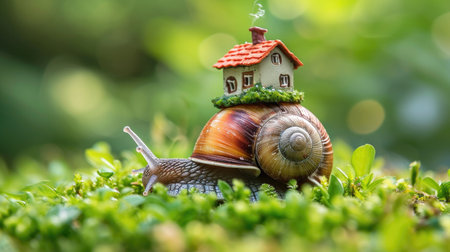 The snail with a house on a shell on its back on green nature background. Easy housing metaphor. Real estate business concept.の素材