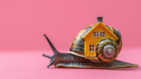 The snail with a house on a shell on its back on pink background. Easy housing metaphor. Real estate business concept.の素材