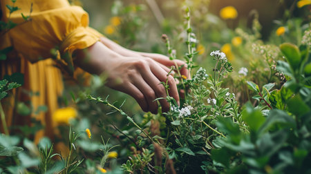 A woman collects medicinal herbs. Selective focus. Nature. Close up photo with handsの素材