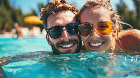 Young couple wearing sunglasses, having fun and relaxing in resort swimming pool or sea. Summer holiday and vacations conceptの素材