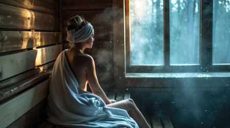 A beautiful young woman wearing a white towel takes a sauna. The sauna made of wood with a large window with a view of the snow. Concept of relax, vacation, wellness center.の素材