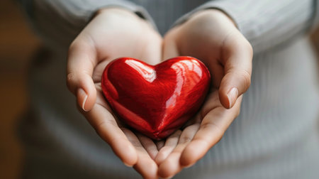 Valentine's day concept. a womans hand holds a red heart. Heart health care medical cardiovascular disease concept and organ donor donation for lifeの素材