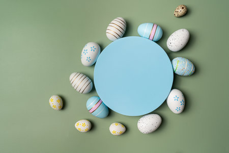 Happy Easter composition for easter design. Elegant Easter eggs with podium on pastel green...