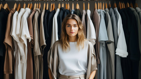 Portrait of smiling attractive style assistant or fashion designer woman near rack with hangers with clothes. Modern and stylish shopping concept.の素材