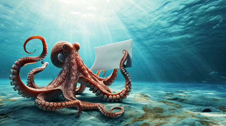 Cute pink octopus 3d cartoon with blank sign in his tentacles underwaterの素材