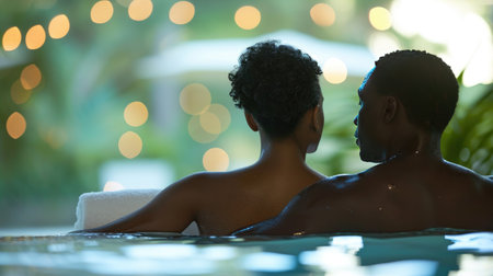 An intimate moment as a couple relaxes with a serene embrace in a tranquil spa pool, surrounded by lush greeneryの素材
