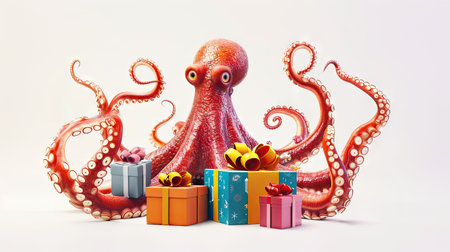Octopus with gift boxes, in tentacles on white backgroundの素材