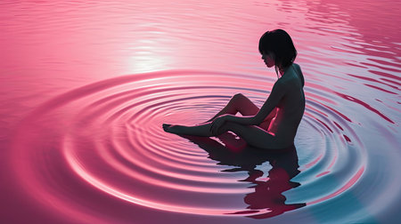 A woman sits peacefully on vibrant pink water, creating gentle ripples around herの素材