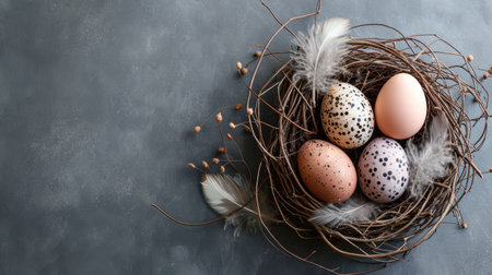 Easter composition natural twig nest cradling speckled easter eggs adorned with delicate feathers on a gray slate background. Easter card top view with copy spaceの素材