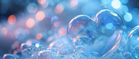 Vivid heart-shaped soap bubbles glowing in neon light reflections with a bokeh effect. Valentine day background with foamの素材