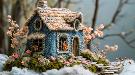 Knitted house from wool. Winter. Home insulation, protection from cold and bad weather, room heating system. The energy crisis in Europe. Festive mood, Christmasの素材