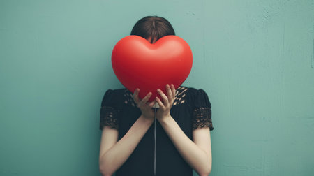 A red heart shaped balloon in the womans hands blocks her face. Happy Valentine's day, love and presents conceptの素材