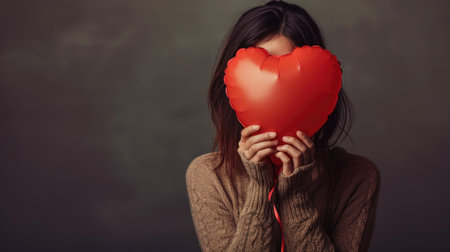 A red heart shaped balloon in the womans hands blocks her face. Happy Valentine's day, love and presents conceptの素材