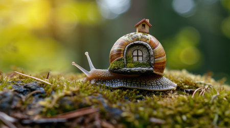 The snail with a house on a shell on its back on green nature background. Easy housing metaphor. Real estate business concept.の素材