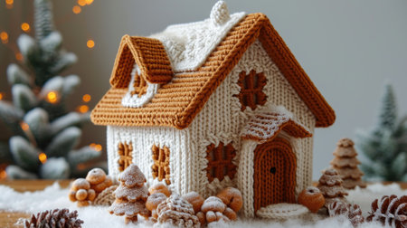 Knitted house from wool. Winter. Home insulation, protection from cold and bad weather, room heating system. The energy crisis in Europe. Festive mood, Christmasの素材
