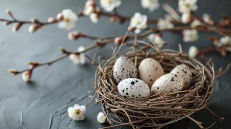 Speckled Easter eggs nestled in a twig nest with soft willow branches on a gray slate background. Easter card with copy spaceの素材