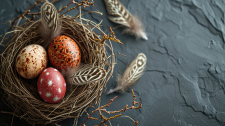 Easter composition natural twig nest cradling speckled easter eggs adorned with delicate feathers on a gray slate background. Easter card top view with copy spaceの素材