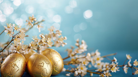 Elegant golden Easter eggs with shimmering flowers on a serene blue background. Easter cardの素材