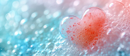 Vivid heart-shaped soap bubbles glowing in neon light reflections with a bokeh effect. Valentine day background with foamの素材