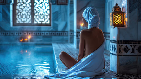 Beautiful young woman wearing a white towel sitting on a hot stone in hamam, sauna. Concept of relax, vacation, wellness center.の素材