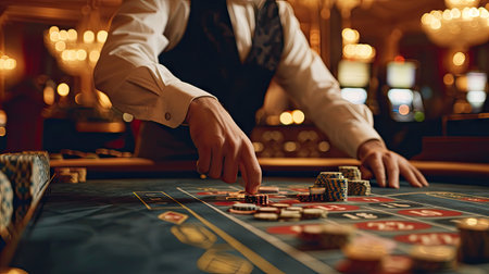 Croupier behind gambling table in a casino.の素材