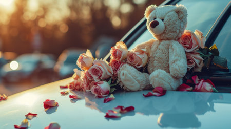 Teddy Bear and Roses on a car roofの素材