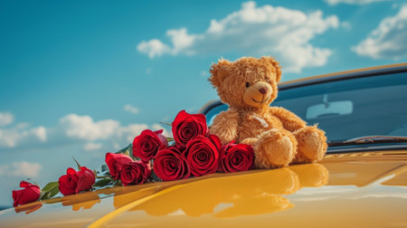 Teddy Bear and Roses on a car roofの素材