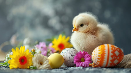 Chick with Elegant Easter Eggs and Flowersの素材