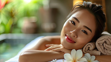 A woman enjoys a tranquil spa treatment surrounded by aromatic oils, incense, and stonesの素材