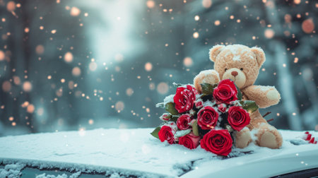 Teddy Bear and Roses on a car roofの素材