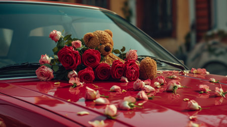 Teddy bear beside big bouquet of roses on a car roof. present for lovely girlfriend, wife or women. Valentines day romantic conceptの素材