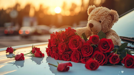 Teddy bear beside big bouquet of roses on a car roof. present for lovely girlfriend, wife or women. Valentines day romantic conceptの素材