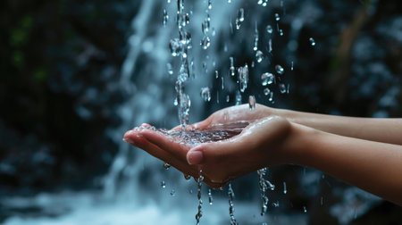 Close-up of a person's hand catching clear water droplets from a natural river. Water saving conceptの素材