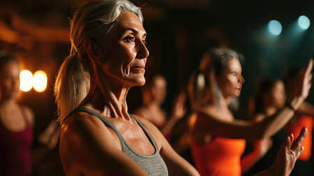 Active positive middle aged women with instructor performing dance elements during class with female group in modern fitness school for adultsの素材