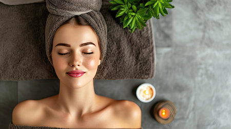 A woman enjoys a tranquil spa treatment surrounded by aromatic oils, incense, and stonesの素材