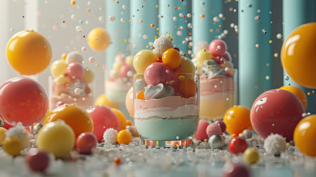 Chilled glasses of layered fruit cocktails adorned with frosted berries, illuminated by soft bokeh lights, molecular gastronomyの素材