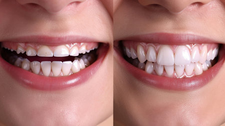 Perfect smile before and after bleaching procedure whitening of zircon arch ceramic prothesis Implants crowns. Dental restoration treatment clinic patient. Result of oral surgery dentistry,の素材
