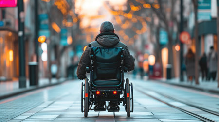 Handicapped or old adult man navigates a sidewalk in an electronic wheelchair, city lights in the backdrop Quality of life and impairment concept.の素材