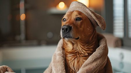 A relaxed wrapped in a spa robe and cap relaxing and enjoys a spa day. concept of services for dogs and pet careの素材