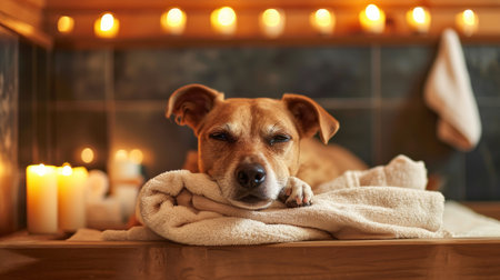 A relaxed wrapped in a spa robe and cap relaxing and enjoys a spa day. concept of services for dogs and pet careの素材