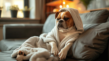 A relaxed wrapped in a spa robe and cap relaxing and enjoys a spa day. concept of services for dogs and pet careの素材