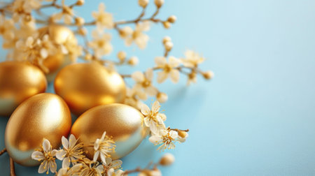 Elegant golden Easter eggs with shimmering flowers on a serene blue background. Easter cardの素材