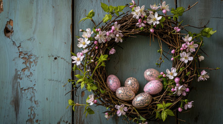 Easter composition with Pastel Easter eggs nestled in a floral wreath on a wooden blue backdrop. Easter card with copy spaceの素材
