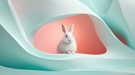 A white rabbit poses in an abstract, curvy landscape of pastel hues, evoking a dreamy wonderlandの素材